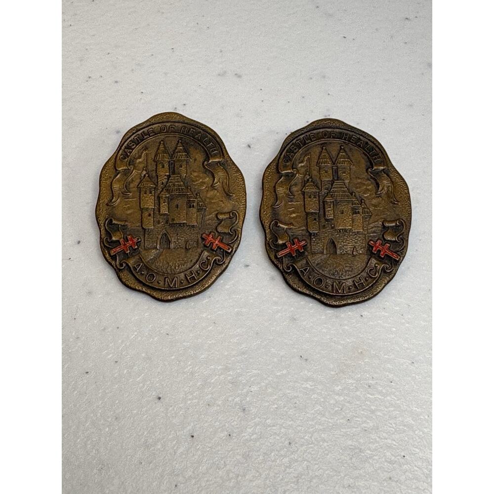 Bronze Castle of Health A. O. M. H. C. The Whitehead & Hoag Pin Set of 2